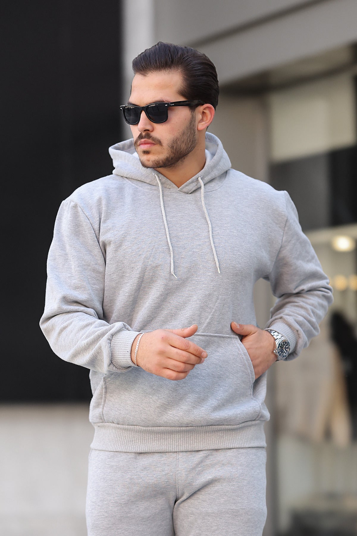 Erkek Bol Kesim Oversize 3 İ̇plik İ̇çi Pamuklu Şardonlu Kanguru Cep Kapşonlu Kışlık Hoodie Sweatshirt - Gri - 1