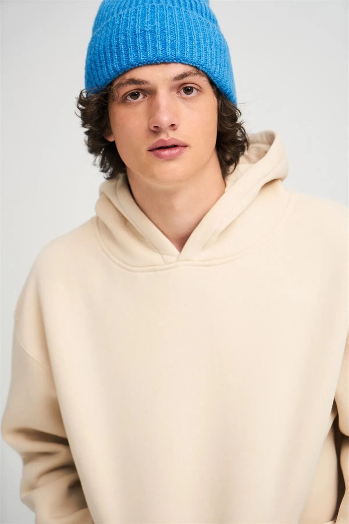 Unisex Düz Renkli Oversize Kapşonlu Hoodie Pamuklu Bej Sweatshirt - Bej - 5