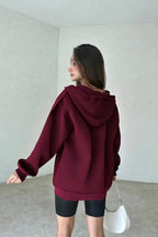 Kadın 3 İ̇plik Oversize Kapüşonlu Fermuarlı Hırka Sweatshirt - Bordo - 3