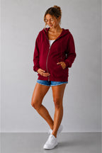 Kadin Hami̇le 3i̇pli̇k Şardonlu Oversi̇ze Kapüşonlu Fermuarli Hirka Sweatshi̇rt - Bordo - 1