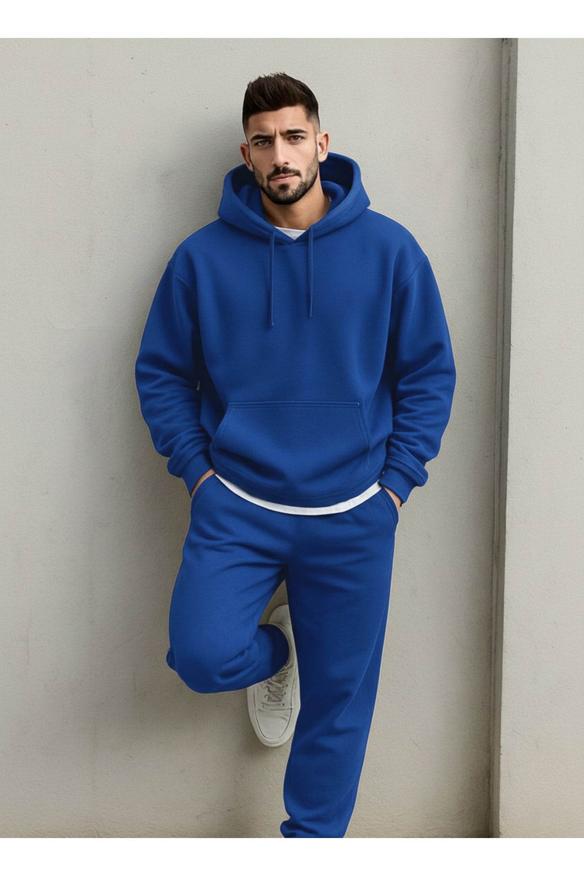 Uni̇sex 3 İ̇pli̇k Oversi̇ze Şardonlu Kapüşonlu Eşofman Takimi - Saks Mavisi - 2