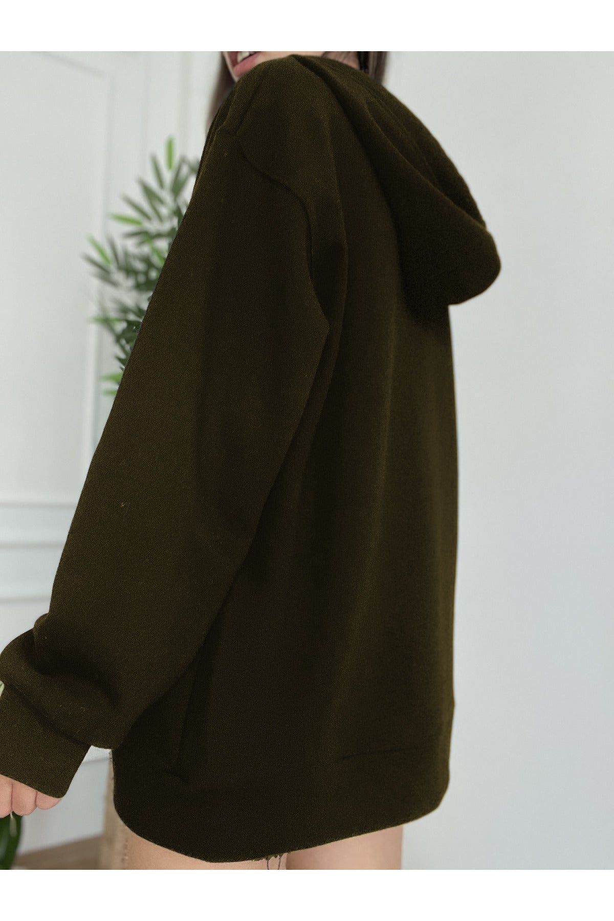 Kadın Haki̇ Fermuarlı Kapşonlu Kanguru Cep Basic Sweatshirt Hırka - Haki - 2
