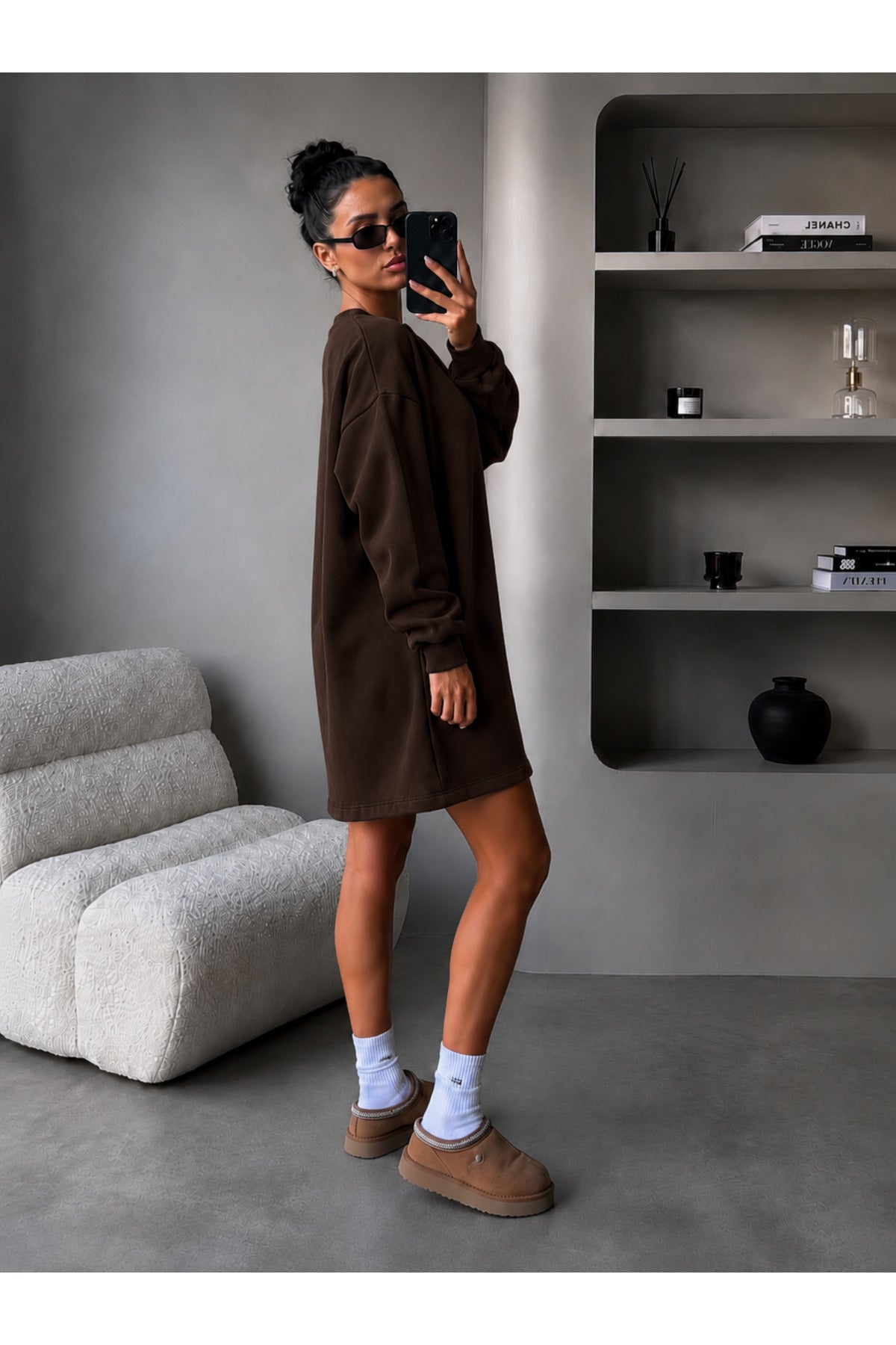 Kadin 3 İ̇pli̇k Yeni̇ Uzun Kollu Bi̇si̇klet Yaka Rahat Sweatshirt Elbi̇se - Kahverengi - 2