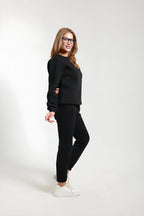 Sweatshirt Jogger Beli Ve Paçası Lastikli Kadın 3 İplik Eşofman Takımı Pamuklu - Siyah - 4