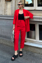 Kadın Dökümlü Bürümcük Yazlık Palazzo Trend Kimono Takım - Kırmızı - 1