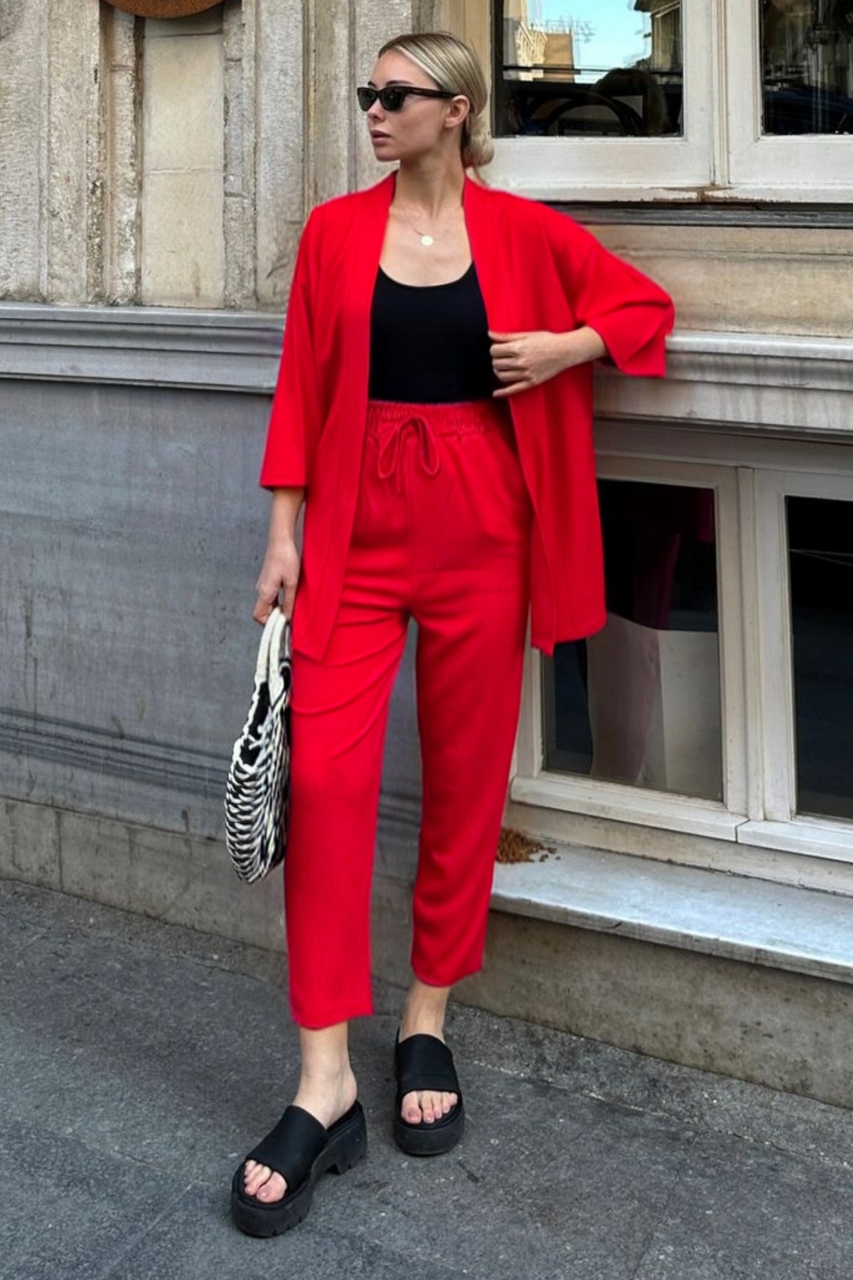 Kadın Dökümlü Bürümcük Yazlık Palazzo Trend Kimono Takım - Kırmızı - 1