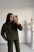 Kadın 3 İ̇plik Oversize Bisiklet Yaka Eşofman Takımı - Haki - 1