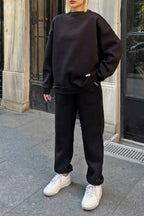 Oversize İçi Tüylü Bisiklet Yaka Eşofman Takımı - Siyah - 4