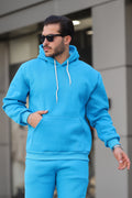 Erkek Bol Kesim Oversize 3 İ̇plik İ̇çi Pamuklu Şardonlu Kanguru Cep Kapşonlu Kışlık Hoodie Sweatshirt - Turkuaz - 1