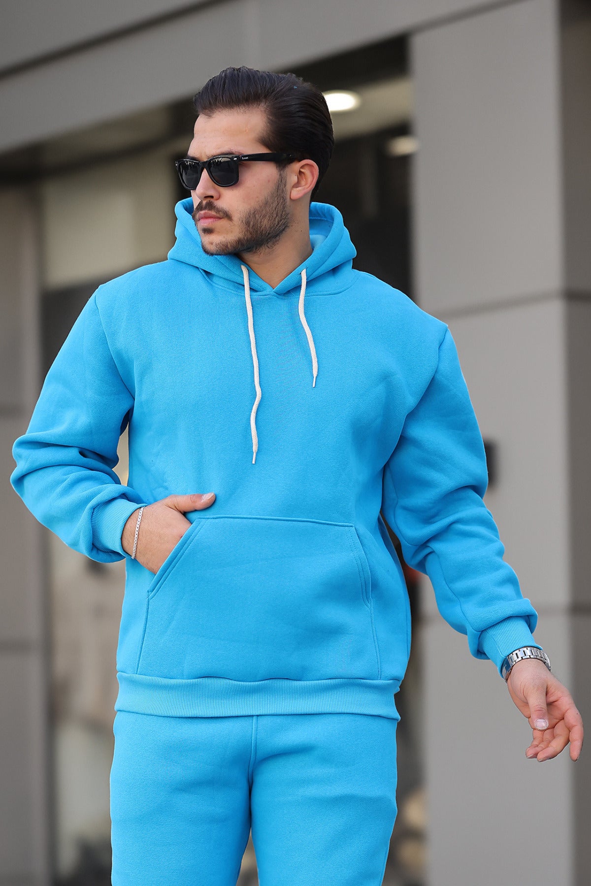 Erkek Bol Kesim Oversize 3 İ̇plik İ̇çi Pamuklu Şardonlu Kanguru Cep Kapşonlu Kışlık Hoodie Sweatshirt - Turkuaz - 1