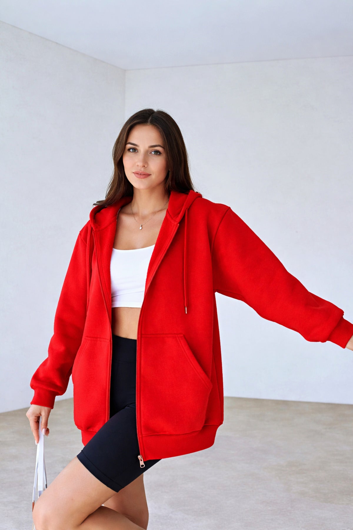 Kadın 3 İ̇plik Oversize Kapüşonlu Fermuarlı Hırka Sweatshirt - Kırmızı - 2