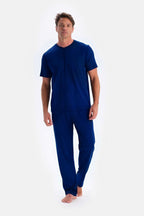 Erkek Kısa Kollu Pijama Takımı Oversize Bisiklet Yaka - Lacivert - 1
