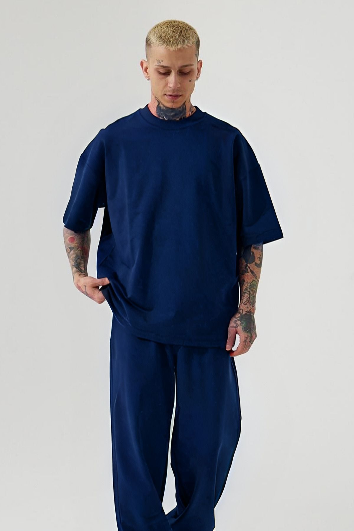 Erkek Kısa Kollu Pijama Takımı Bisiklet Yaka Dökümlü - Lacivert - 2