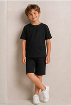 Çocuk Kısa Kollu Baskısız Basic Oversıze Geniş Kalıp Beli Bağlamalı Esnek 1-10 Yaş Arası Yaz Sezonu Sportif T-shirt / Şort Takım - Siyah - 6