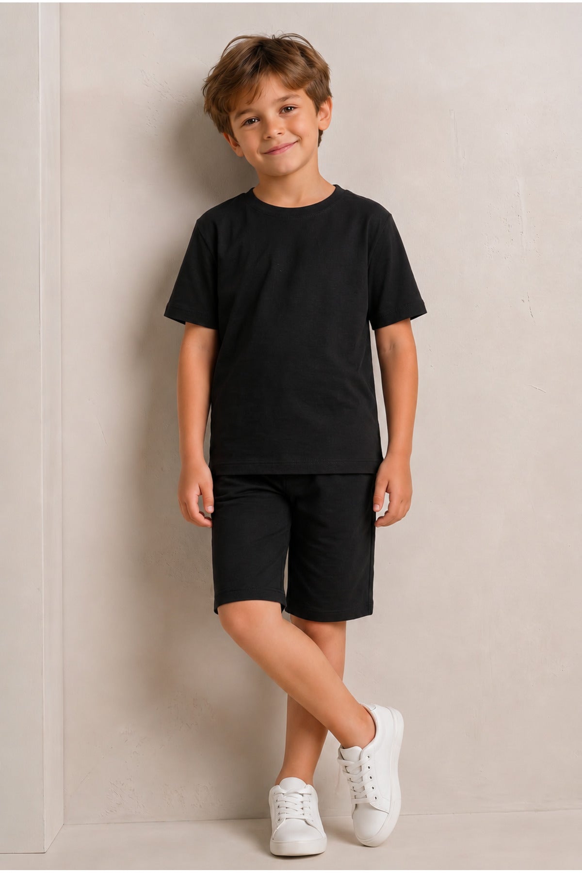 Çocuk Kısa Kollu Baskısız Basic Oversıze Geniş Kalıp Beli Bağlamalı Esnek 1-10 Yaş Arası Yaz Sezonu Sportif T-shirt / Şort Takım - Siyah - 6