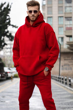 Erkek 3 İplik Kapşonlu Yaka Kalın Sweatshirt Pamuklu - Kırmızı - 2