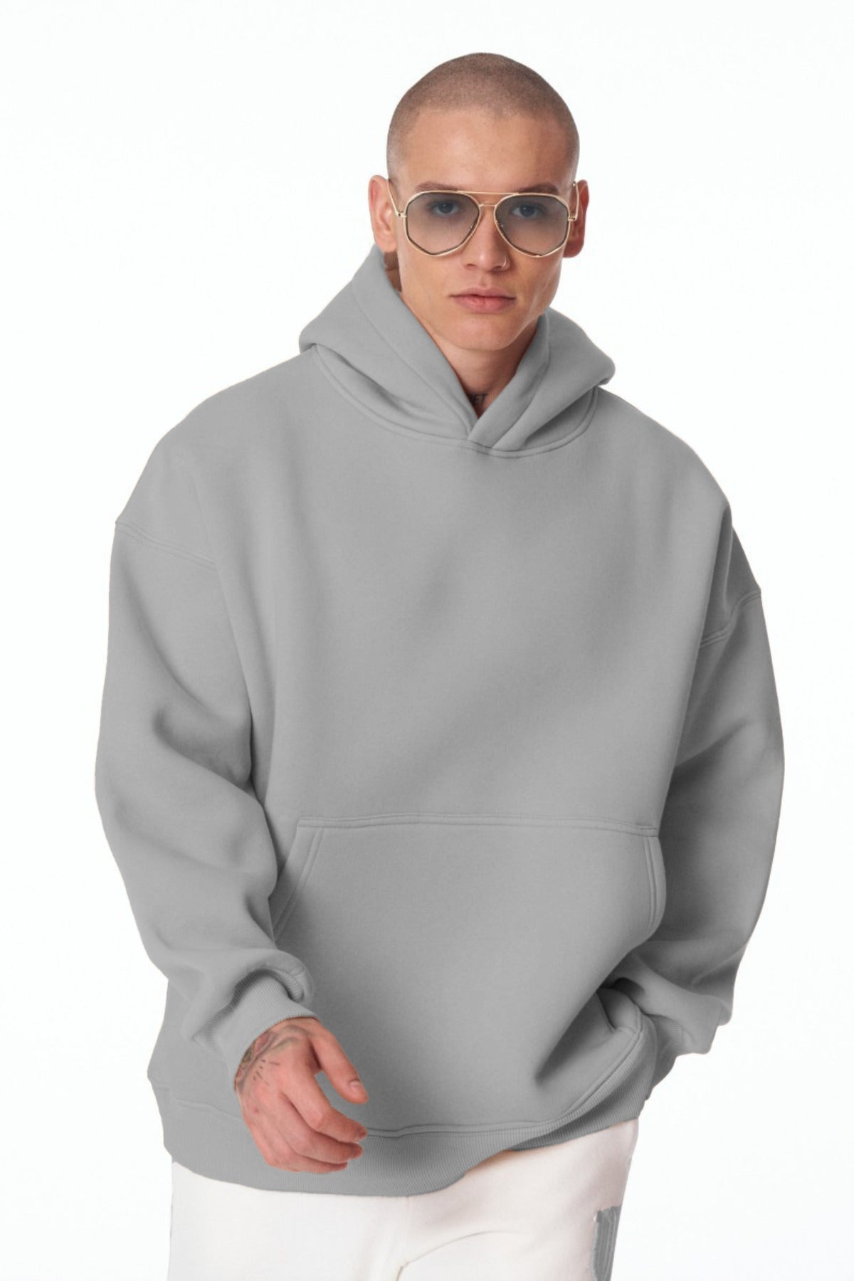 Erkek Bol Kesim Oversize 3 İ̇plik İ̇çi Pamuklu Şardonlu Kanguru Cep Kapşonlu Kışlık Hoodie Sweatshirt - Gri - 3