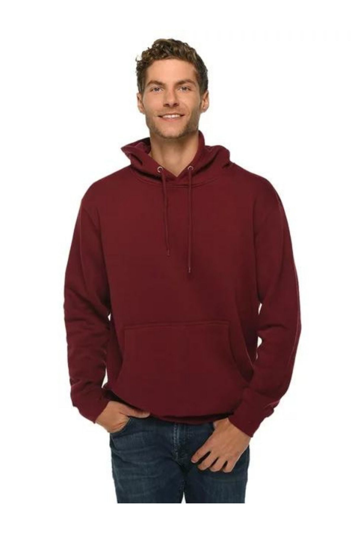 Unisex Bordo Baskısız Kanguru Cepli Kapüşonlu 3 İ̇plik Şardonlu Sweatshirt Oversize Hoodie - Bordo - 3