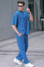 Erkek İndigo Rahat Kısa Kollu T-shirt Ve Pijama Takımı - İndigo - 1
