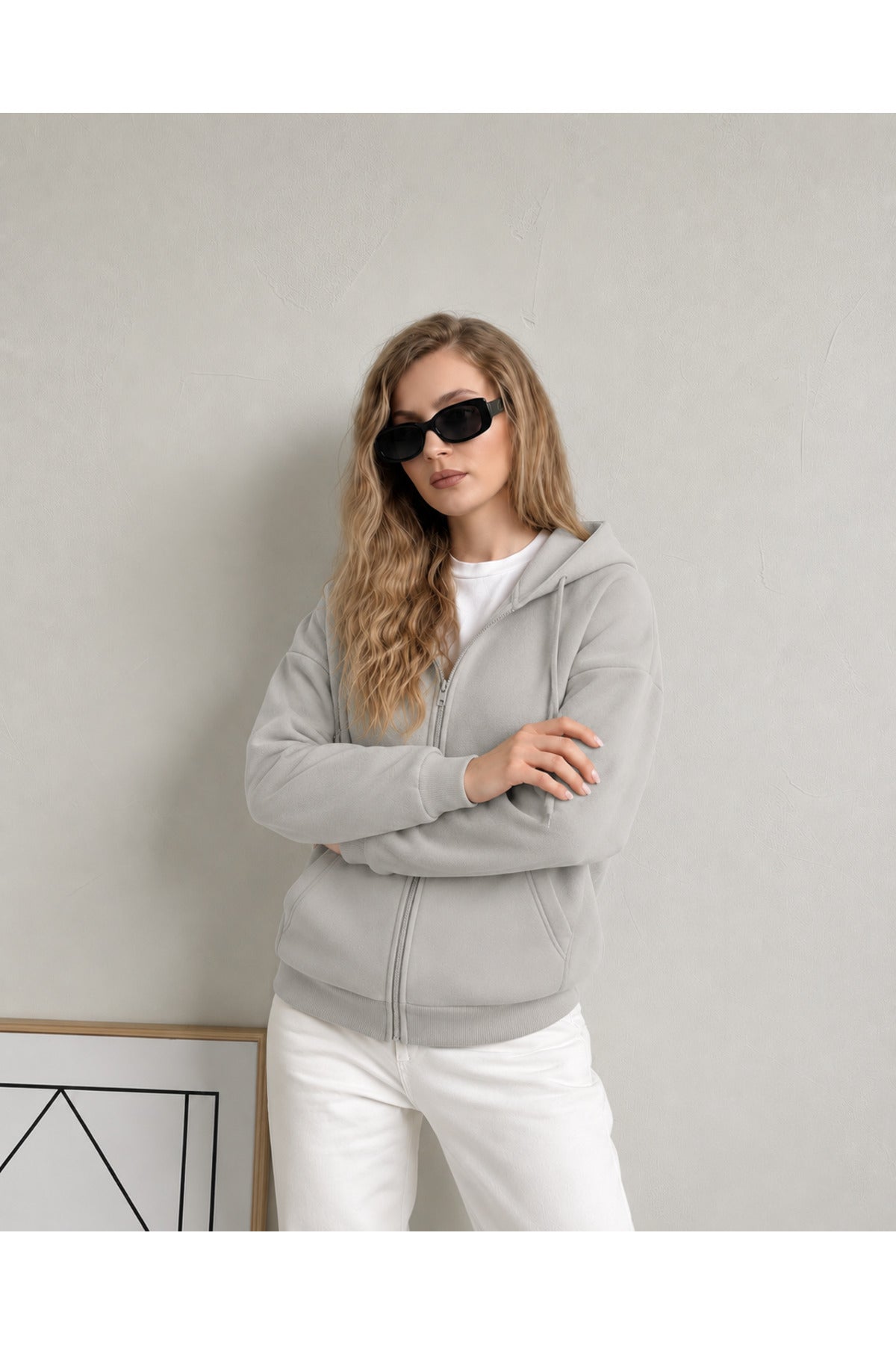 Kadin 3 İ̇pli̇k Kapüşonlu Fermuarli Oversi̇ze Sweatshirt Hirka - Gri - 3