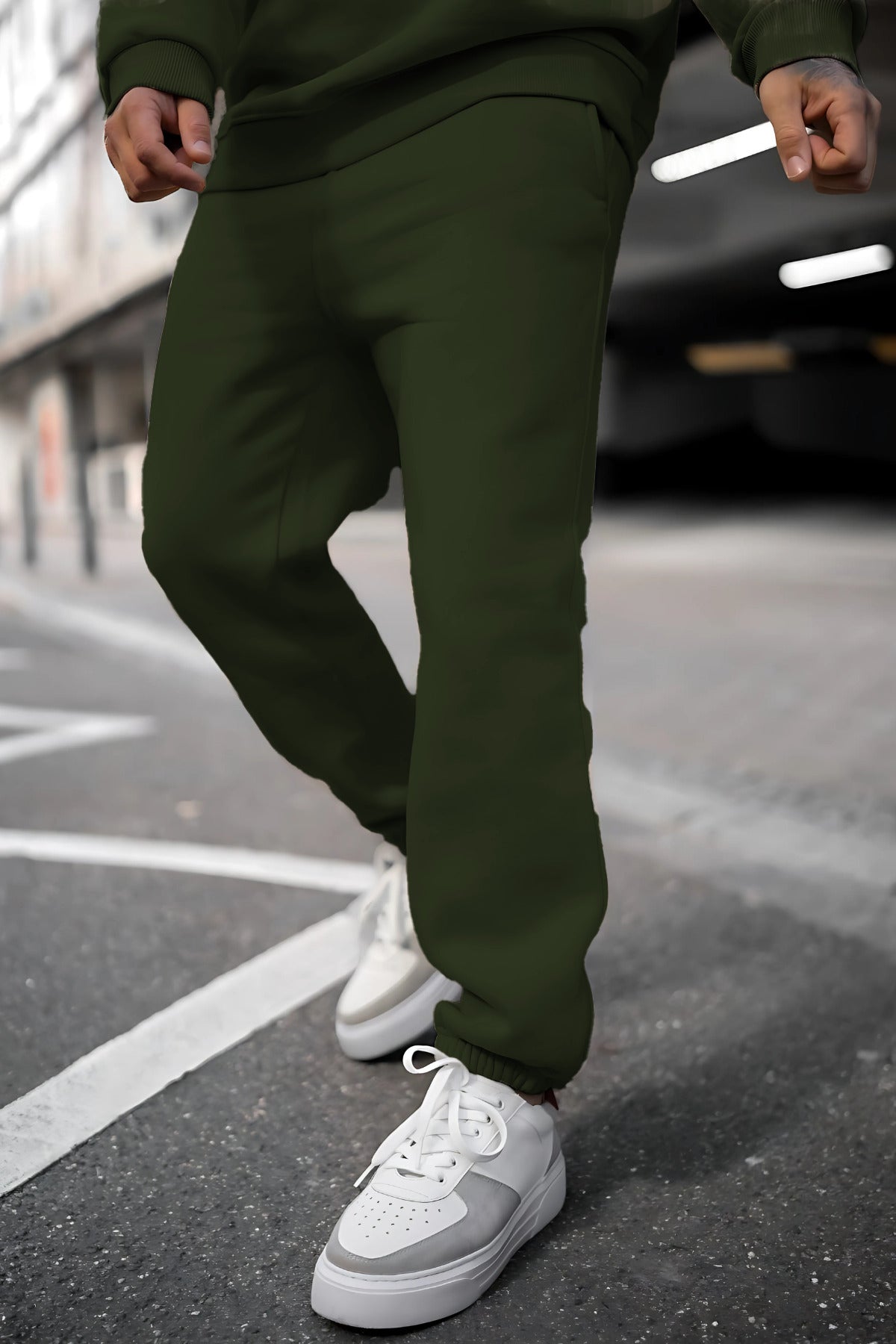 Erkek Oversize 3 İ̇plik Basic Baskısız Düz Eşofman Takımı - Koyu Yeşil - 4