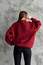 Unisex 3 İ̇plik Oversize Şardonlu Yarım Fermuarlı Swetshirt - Bordo - 3