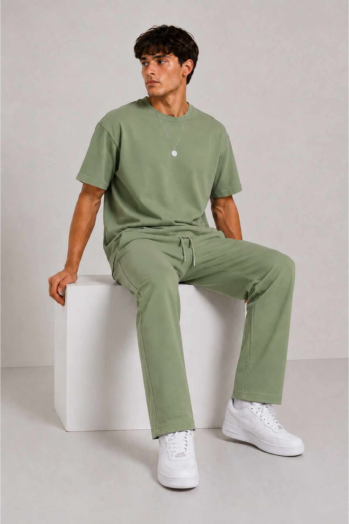 Erkek 2 İ̇plik Oversize Basic Bisiklet Yaka Rahat Kalıp Günlük Eşofman Takımı - Yeşil - 2