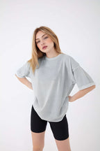 Kadın Oversize Kısa Kollu Bisiklet Yaka Tişört - Gri Melanj - 1
