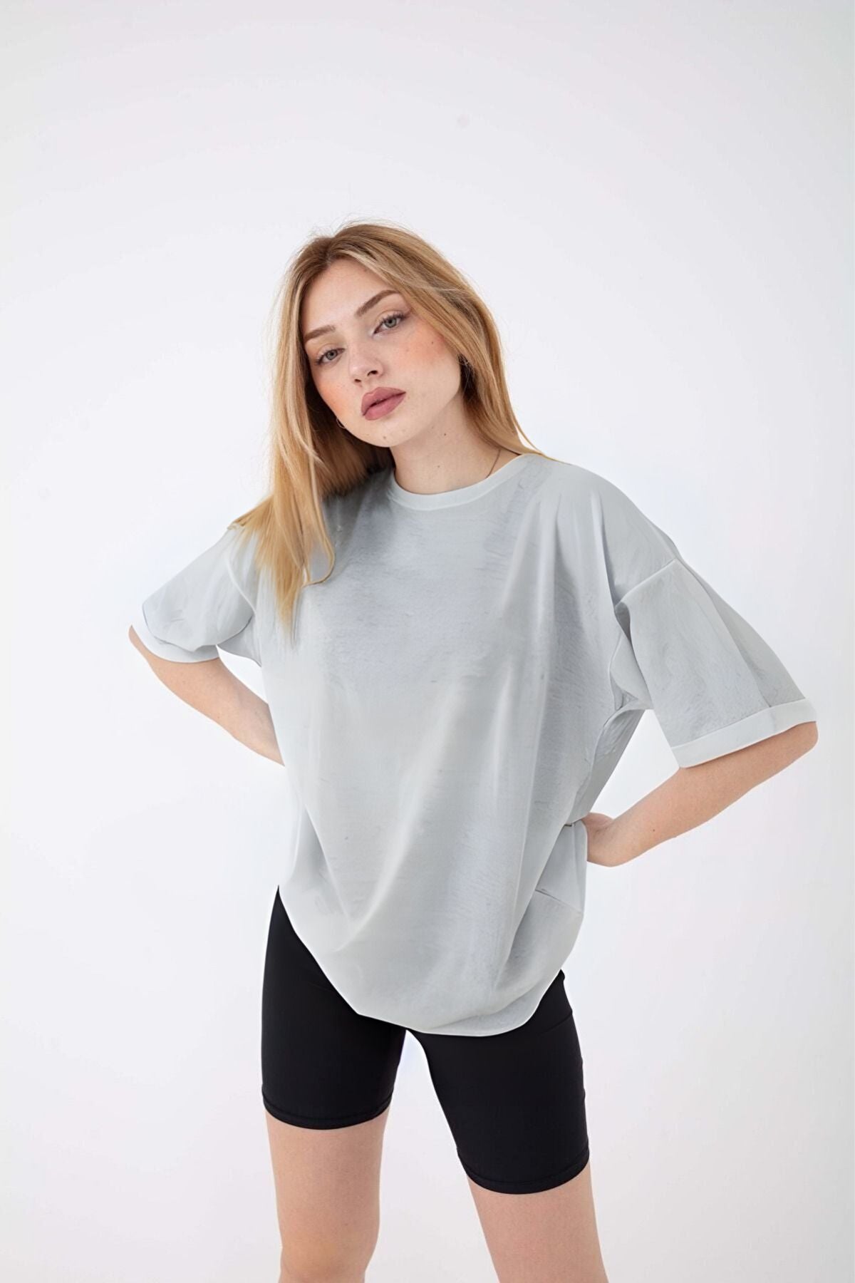 Kadın Oversize Kısa Kollu Bisiklet Yaka Tişört - Gri Melanj - 1