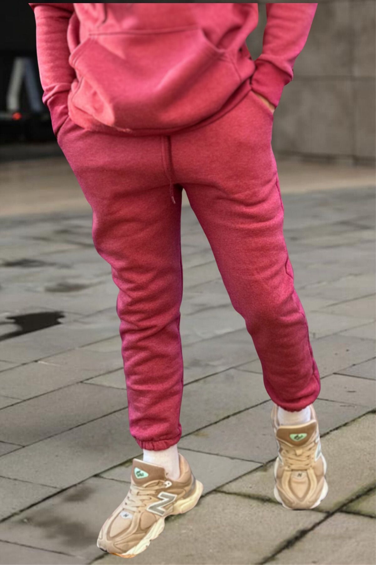 Bay Mürdüm Melanj Beli Lastikli 3 İplik Streetwear Eşofman Altı - Mürdüm Melanj - 2