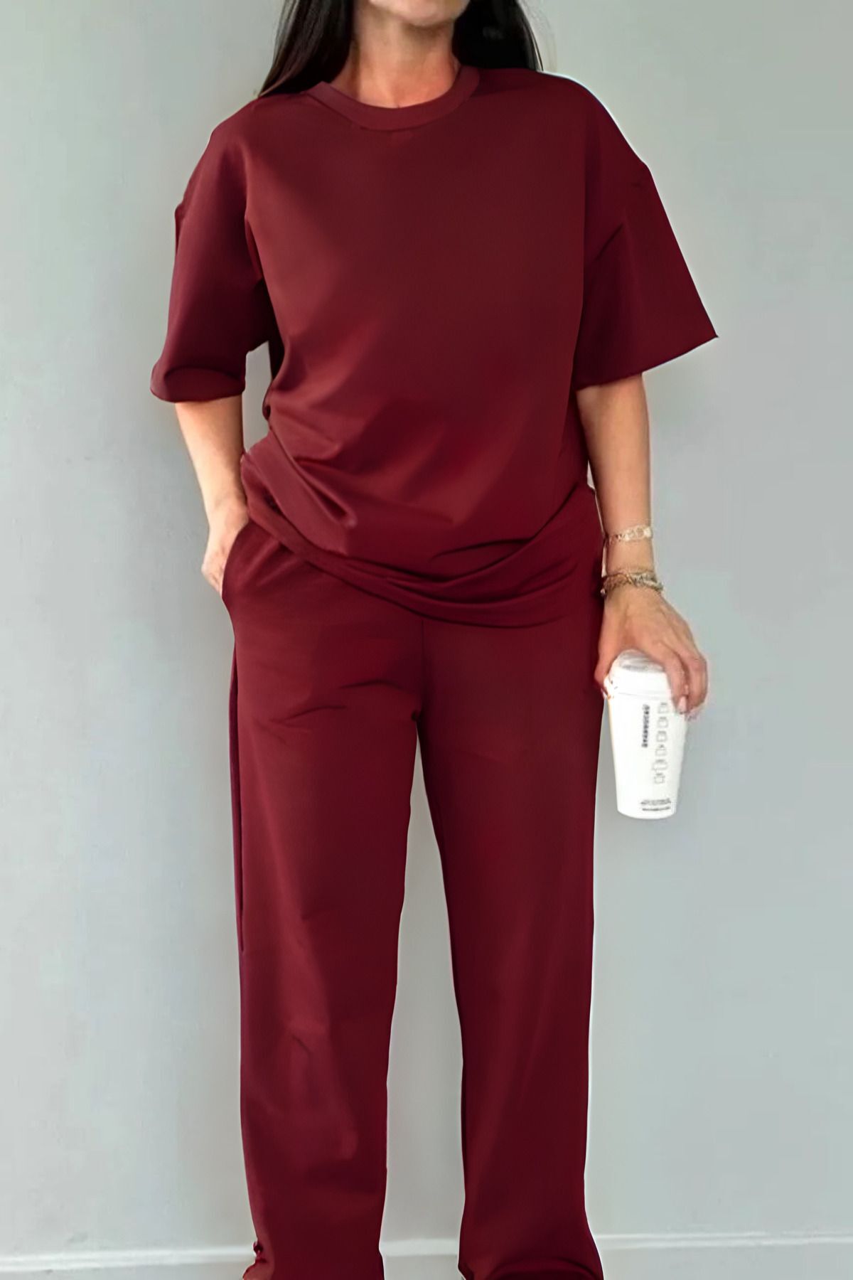 Kadın Bordo Rahat Penye Pijama Takımı - Bordo - 1