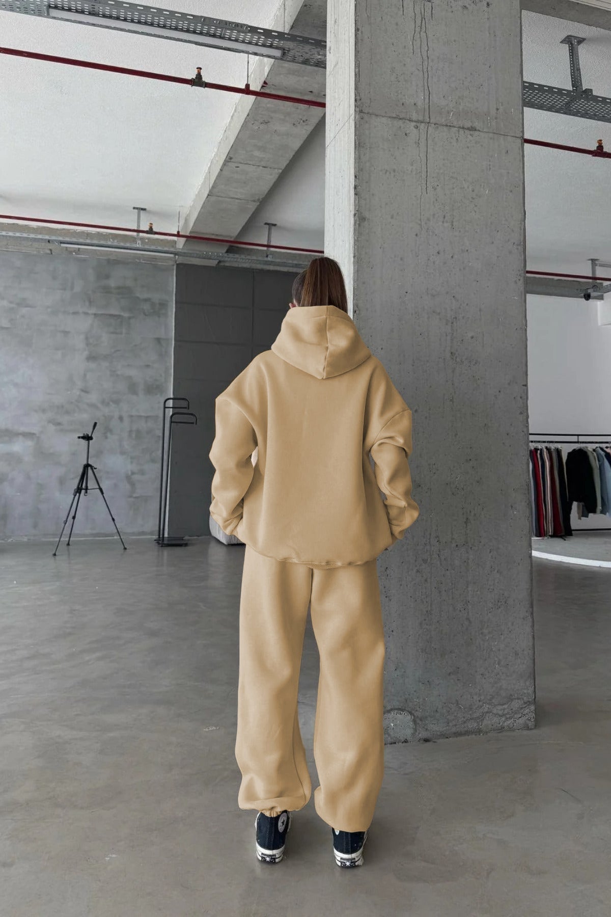 Kadın Paçası Lastikli Jogger Oversize Kışlık Eşofman Takımı - Bej - 4