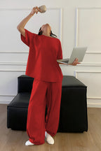 Kadın Bisiklet Yaka Yazlık Kısa Kollu Pijama Takımı - Kırmızı - 4