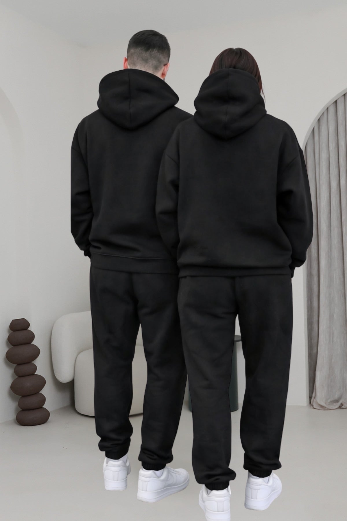 Çiftlere Özel Basic Oversize Kapşonlu Eşofman Takımı - Siyah - 3