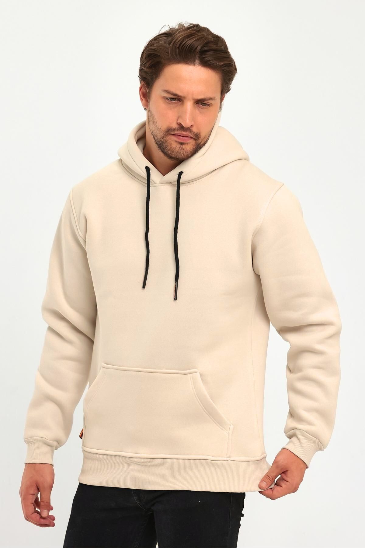 Erkek Kapşonlu Kanguru Cep Sweatshirt - Vizon - 1