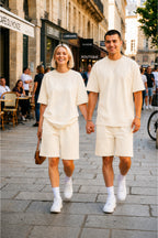 Unisex Kadin Erkek Çi̇ft Kullanimina Uygun Oversi̇ze Kisa Kollu Şort Takim (tek Adet ) - Bej - 1