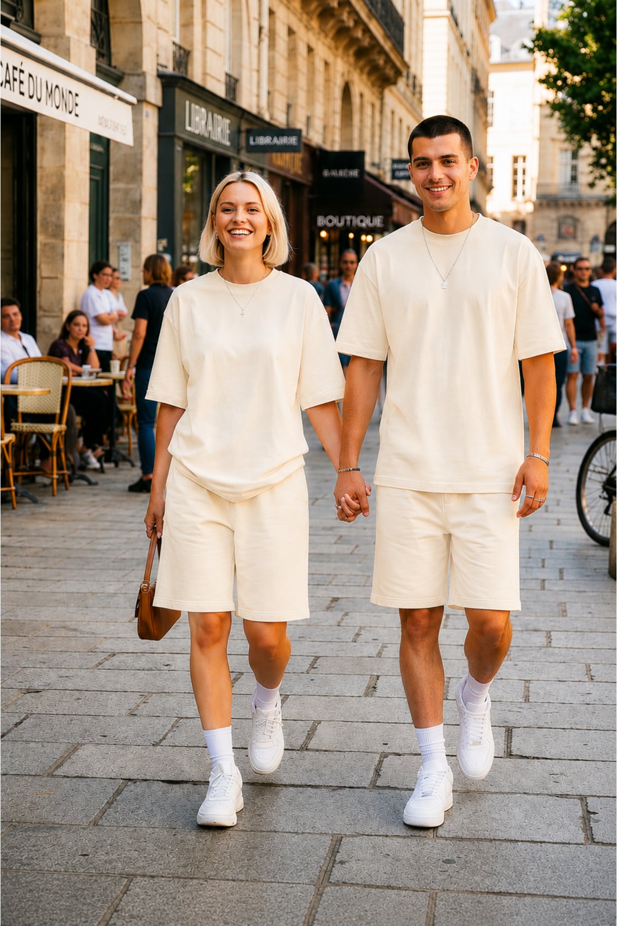 Unisex Kadin Erkek Çi̇ft Kullanimina Uygun Oversi̇ze Kisa Kollu Şort Takim (tek Adet ) - Bej - 1