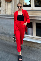 Kadın Dökümlü Bürümcük Yazlık Palazzo Trend Kimono Takım - Kırmızı - 7