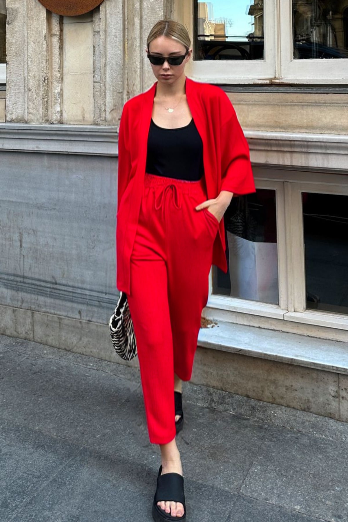 Kadın Dökümlü Bürümcük Yazlık Palazzo Trend Kimono Takım - Kırmızı - 7