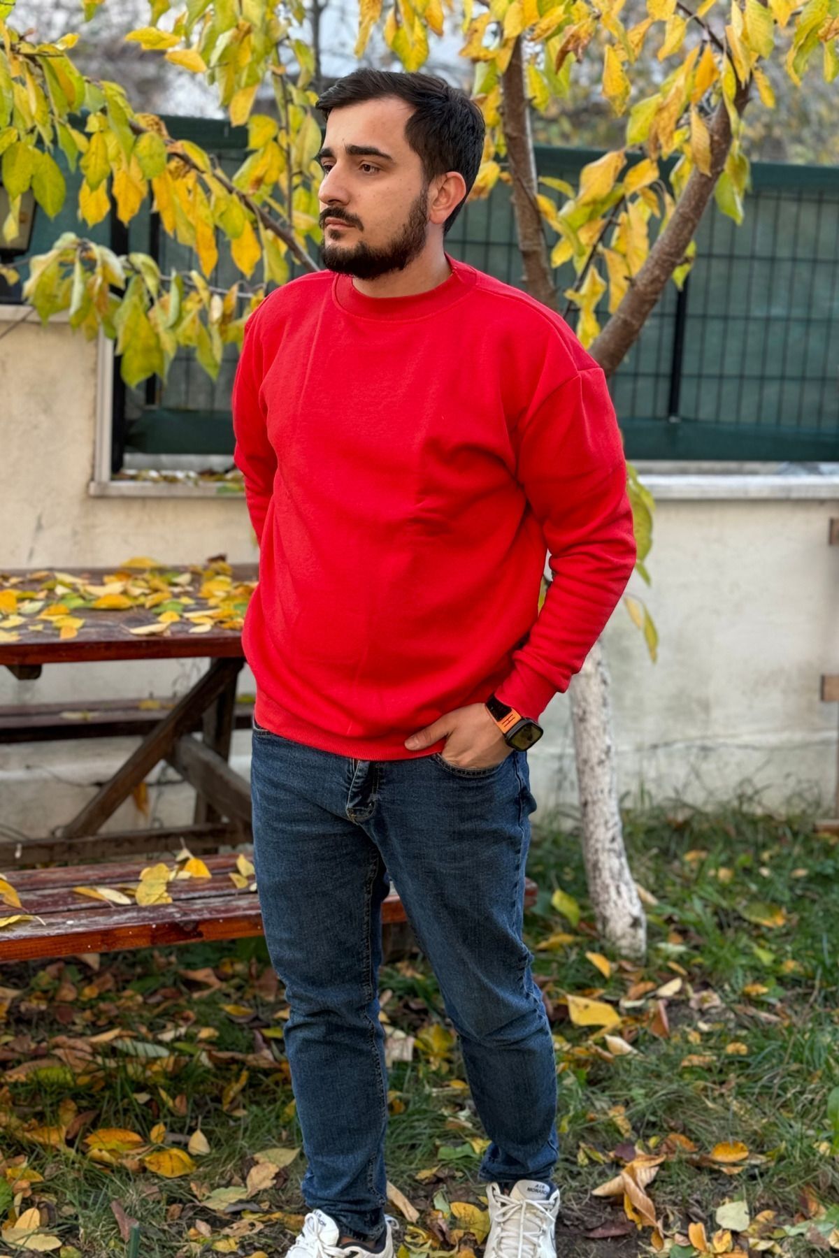 Erkek Kırmızı Bisiklet Yaka İçi Polarlı 3 İplik Pamuklu Regular Fit Unisex Sweatshirt - Kırmızı - 3
