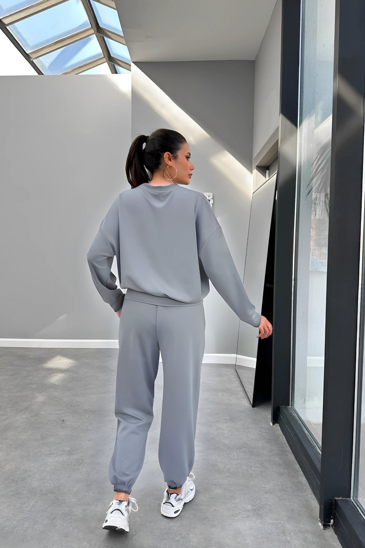 Kadın Bisiklet Yaka Yüksek Bel Yumuşacık Oversize Eşofman Takımı - Gri - 4