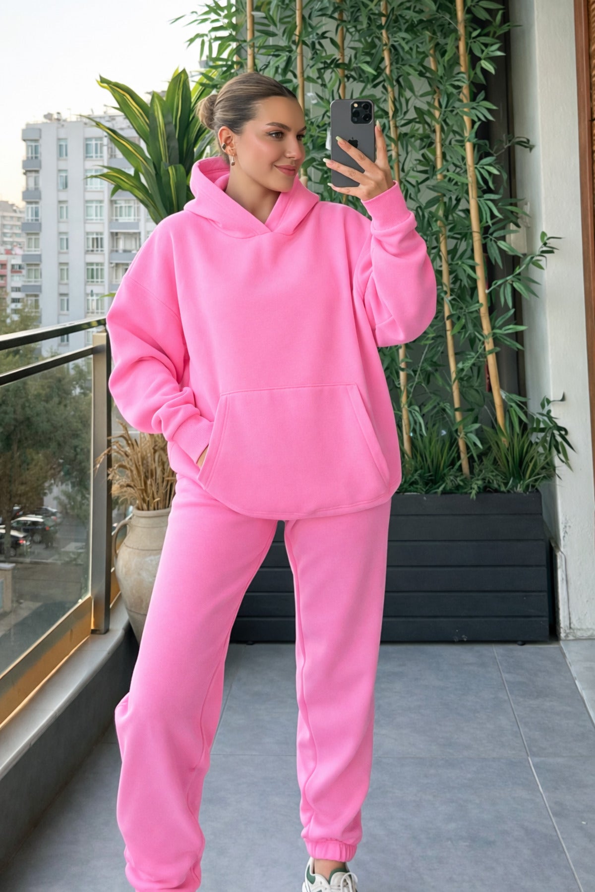 Kadin Kalin Comfort Sweatshi̇rt Yüksek Bel Eşofman Takimi - Açık Pembe - 1