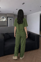 Kadın Kısa Kollu Oversize Süper Yüksek Bel Esnek Bisiklet Yaka Eşofman Takımı - Yeşil - 4