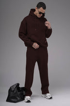 Erkek Baggy Geniş Paça Beli Lastikli Geniş Kesim Kışlık Eşofman Takımı - Kahverengi - 1