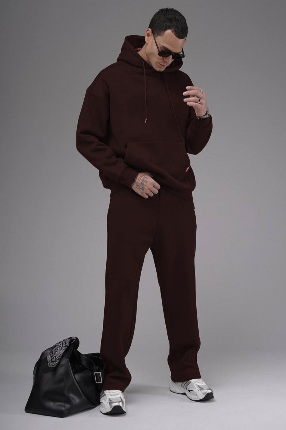 Erkek Baggy Geniş Paça Beli Lastikli Geniş Kesim Kışlık Eşofman Takımı - Kahverengi - 1