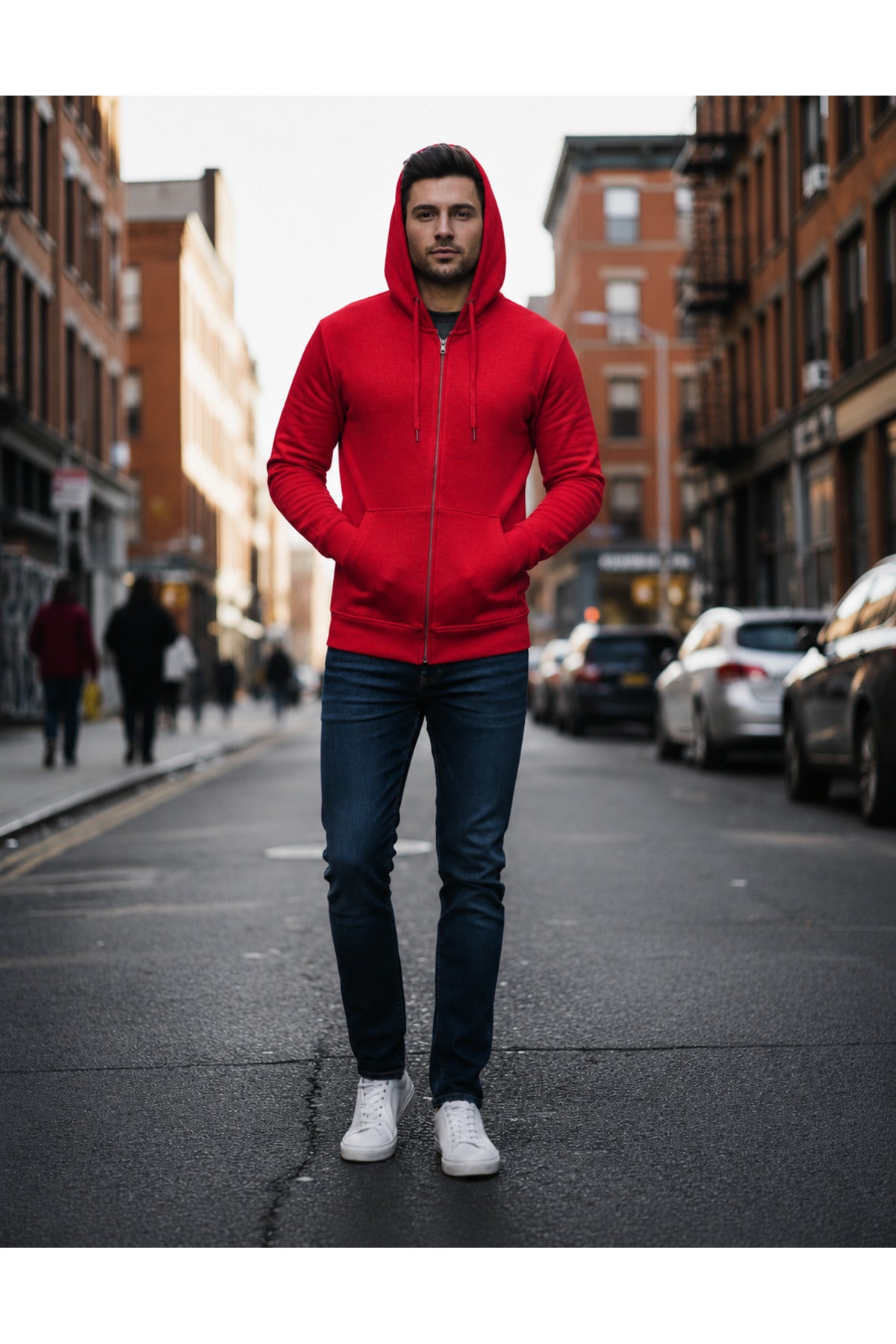 Erkek 3 İ̇pli̇k Şardonlu Oversi̇ze Fermuarli Sweatshirt Hirka - Kırmızı - 1