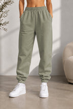 Kadın Paçası Lastikli Günlük Oversize Basic Jogger Eşofman Altı - Yeşil Gri - 1