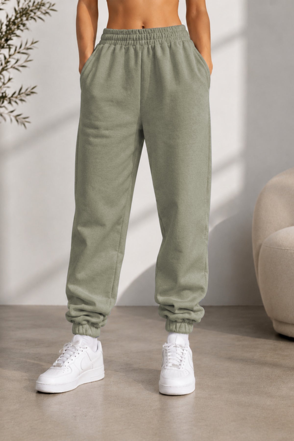 Kadın Paçası Lastikli Günlük Oversize Basic Jogger Eşofman Altı - Yeşil Gri - 1