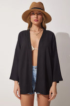 Kadın Si̇yah Kimono Üst Basic Yazlık Plaj Ürünü - Siyah - 1