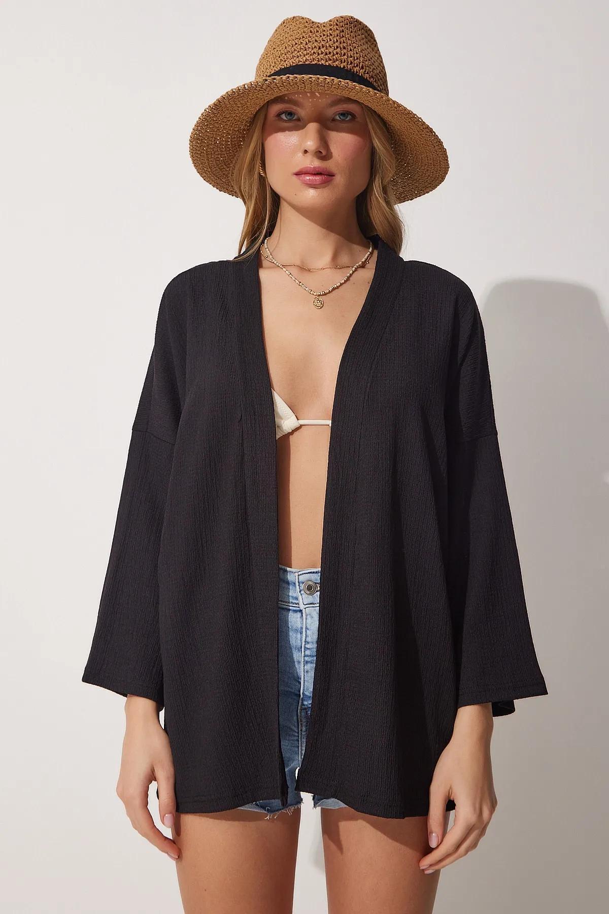 Kadın Si̇yah Kimono Üst Basic Yazlık Plaj Ürünü - Siyah - 1